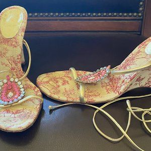 J Vicent Pink Toile Wedge Wrap Around Sandal